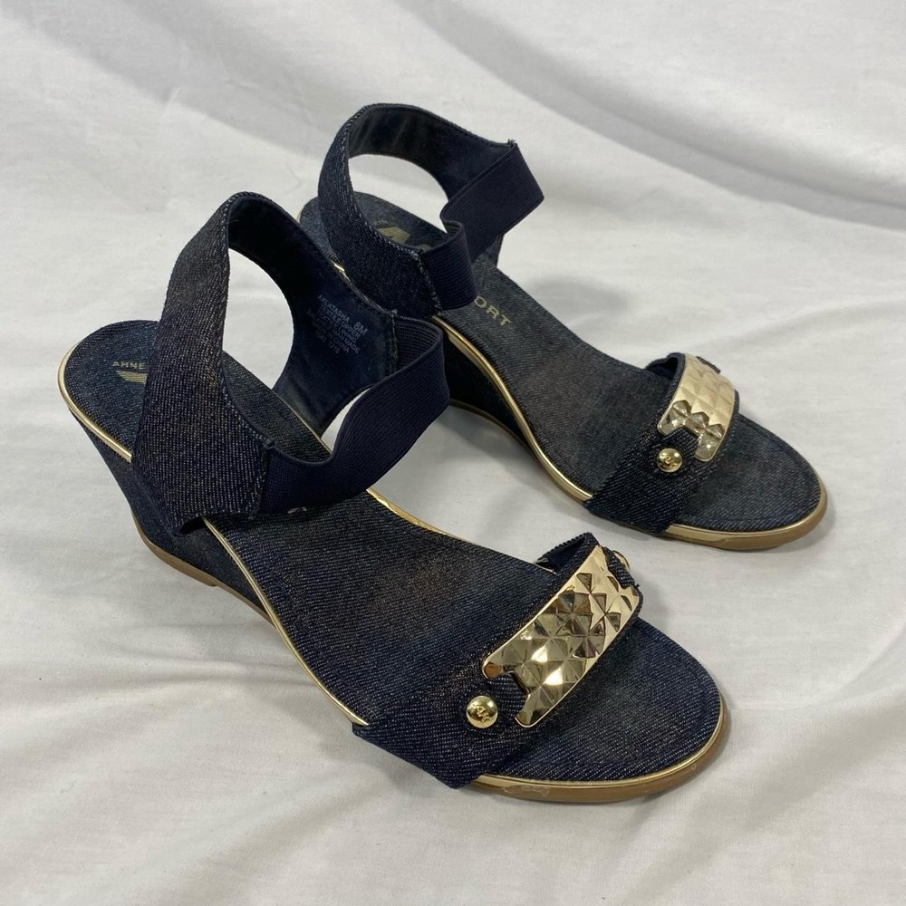 AK Anne Klein Sport Latasha blue gold wedge sandals size 8 y2k mcbling party